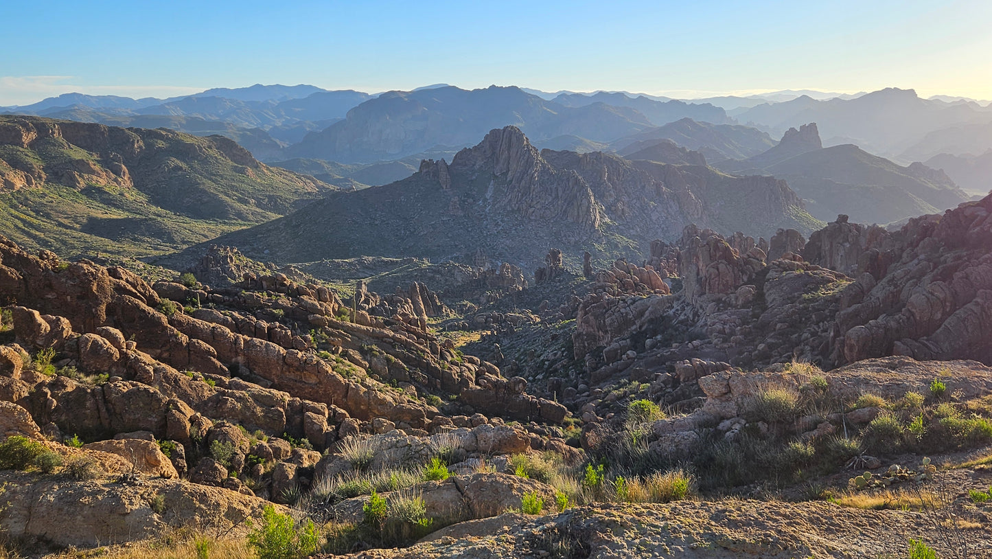 Expansive view of the Superstition Mountains from the Peralta Trail